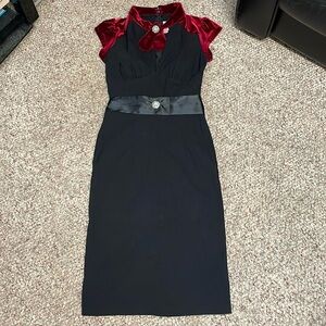 Pinup couture velvet sleeve jewel neck tie stretch dress